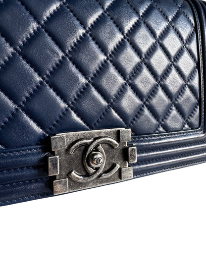 CHANEL Blue Quilted Lambskin Leather Medium Boy Bag