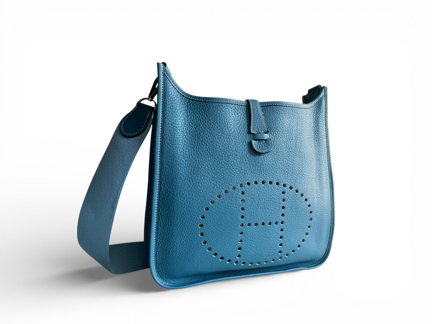 HERMÈS Taurillon Clemence Evelyne II PM Bleu Jean