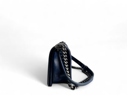 CHANEL Blue Quilted Lambskin Leather Medium Boy Bag